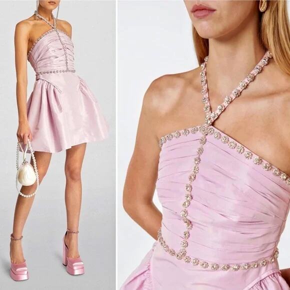 Self-Portrait‎ Taffeta Diamante Trim Mini Dress Lilac Halter Sleeveless Sz 6